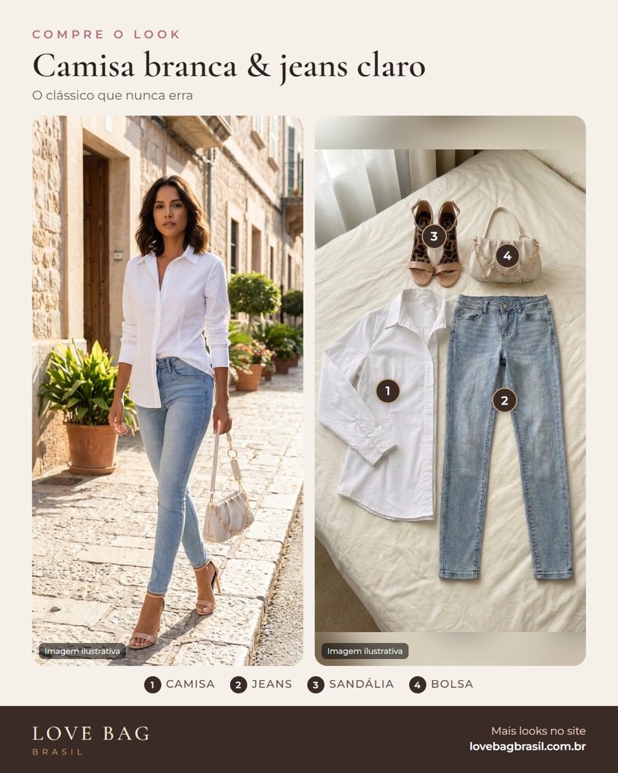 Look camisa branca e jeans claro: modelo usando o look e as peças sobre a cama